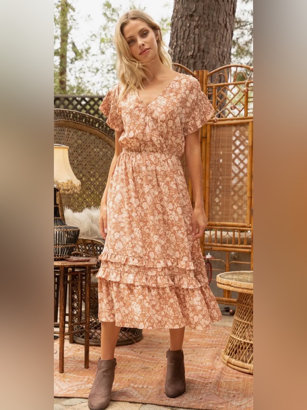 Flutter Sleeve Floral Midi Dress in Dusty Peach